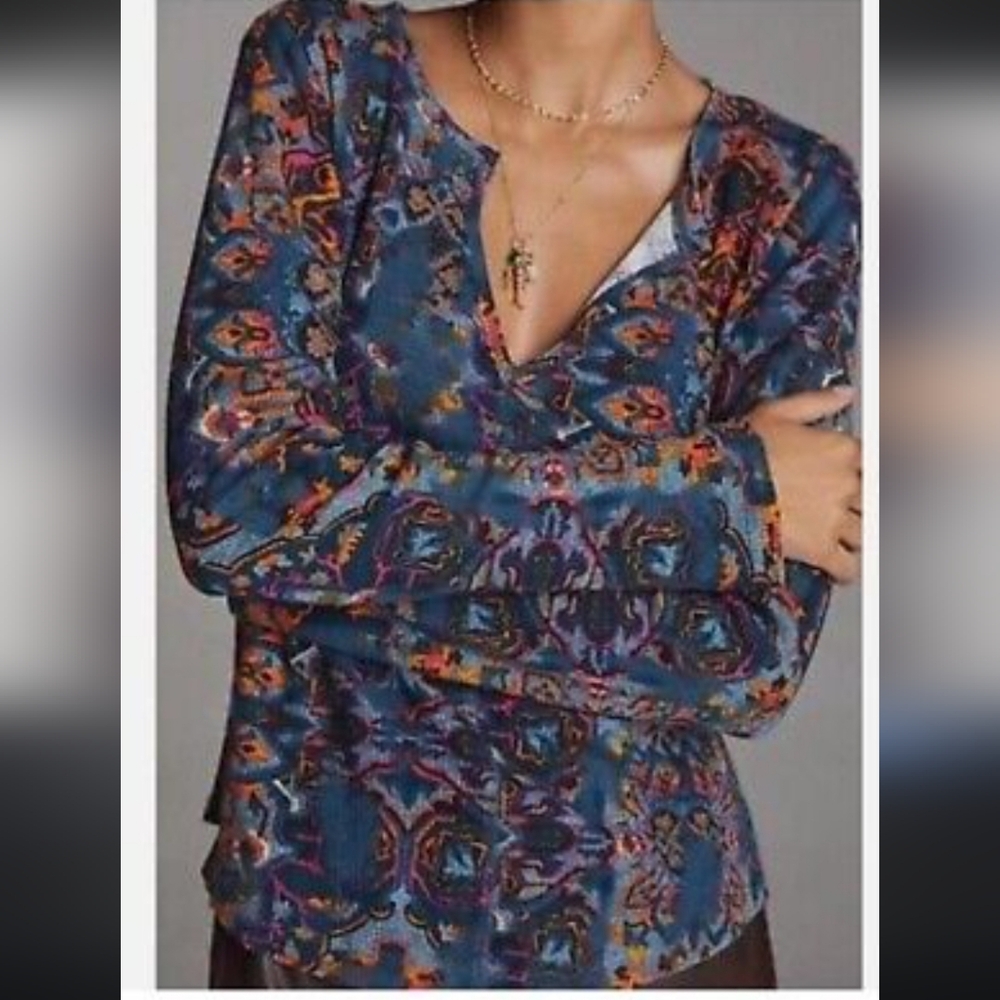 Anthropologie Pilcro Waffle Knit Thermal Top Jewel Tone Raw Edge Boho Size Small